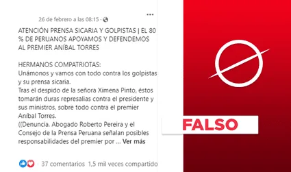 Es falsa la publicación que afirma que “el 80% de peruanos” apoya a Aníbal Torres