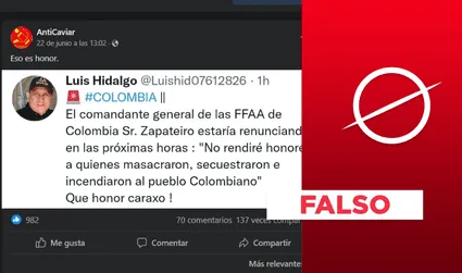 No, el comandante del Ejército colombiano no afirmó que Gustavo Petro “incendió al pueblo”