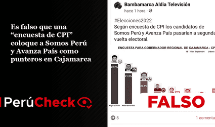 Es falso que una “encuesta de CPI” coloque a Somos Perú y Avanza País como punteros en Cajamarca