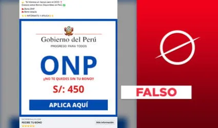 Es falso que la ONP esté entregando un supuesto "bono de 450 soles"