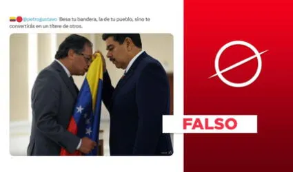 Esta imagen de Gustavo Petro besando la bandera de Venezuela frente a Nicolás Maduro es un montaje