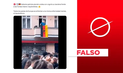 Video no muestra adulto mayor saliendo de su balcón para protestar contra grupo islámico comunista en Alemania