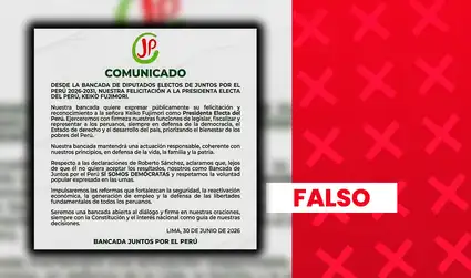 Es falso que diputados de Juntos por el Perú hayan reconocido a Keiko Fujimori como presidenta electa: comunicado viral fue desmentido por el partido