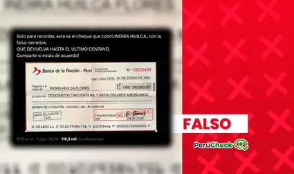 Es falso el cheque de US$250 mil a favor de la diputada Indira Huilca que está circulando en redes sociales