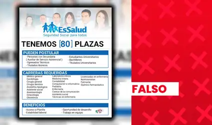 Es falso que EsSalud haya publicado una convocatoria laboral de 80 plazas para profesionales de la salud y otras áreas