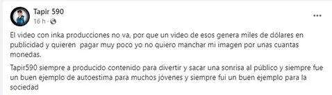 Tapir 590 rechazó grabar con Inka Productions: “Siempre fui un buen ejemplo para la sociedad