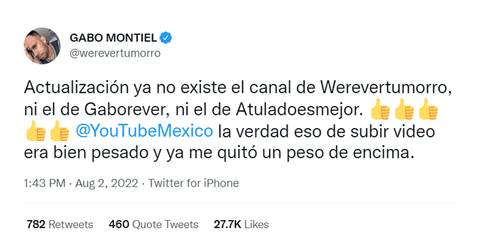 Gabriel Montiel (Werevertumorro), se despide de su canal de YouTube. Mexico.