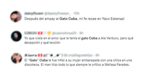 <em> Las reacciones de los cibernautas peruanos a la presunta infidelidad de Rodrigo Cuba. Foto: captura / Twitter </em>   