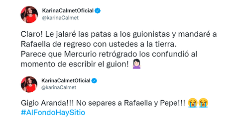 <em> Tuits de Karina Calmet lamentando la muerte de su hermana en la ficción, Rafaella. Foto: composición LOL / Twitter: @karinacalmet </em>   