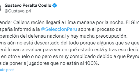 Alexander Callens se sumaría a la lista de bajas por lesión en Perú. Foto: captura de Twitter/Gustavo Peralta   