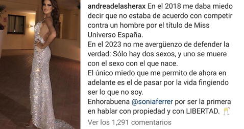  12.09.2023 | Publicación de Andrea de las Heras sobre el Miss Universe España 2018. Foto: captura Andrea de las Heras Instagram<br><br>    