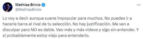 Mathías Brivio se pronunció a través de su cuenta de Twitter. Foto: captura Twitter   