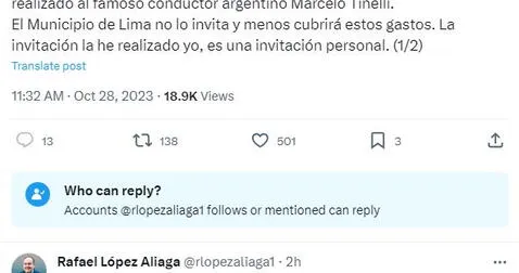 Rafael López Aliaga se pronunció sobre la invitación a Marcelo Tinelli. Foto: Twitter Rafael López Aliaga   