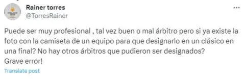 Rainer Torres pidió que otros jueces sean considerados para el Alianza vs. Universitario. Foto: Twitter Rainer Torres   