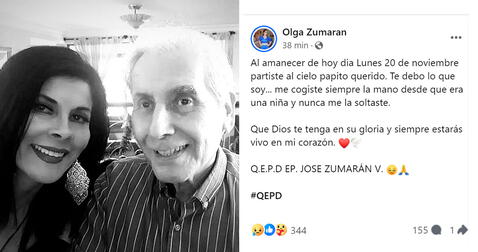  20.11.2023 | Comunicado de Olga Zumarán sobre la muerte de su padre. Foto: captura Olga Zumarán Facebook<br><br>    