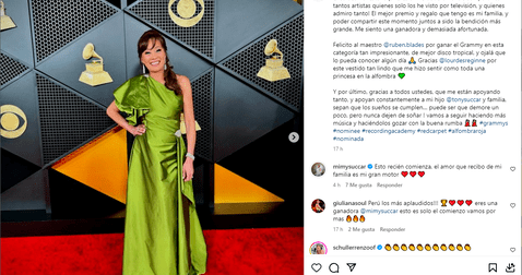 Publicación de Mimy Succar en agradecimiento a su nominación a los Grammy 2024. Foto: Instagram   