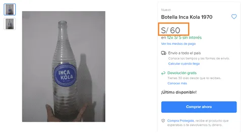 ¡Si aún la tienes, no la botes! Entérate cuánto vale hoy la botella de Inca Kola de 1970