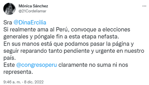 Mónica Sánchez se pronuncia sobre la crisis política: 