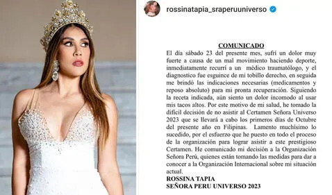 28.09.2023 | Comunicado de Rossina Tapia. Foto: captura Señora Perú Instagram   