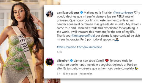  17.11.2023 | Mensaje de Camila Escribens a horas de la final de Miss Universo 2023. Foto: captura Camila Escribens Instagram<br><br>    