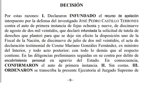 Supreme Court rejects Pedro Castillo's appeal with which he sought to annul the Mariano González case.  Photo: document 