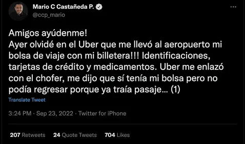 Mario Castañeda cuenta que perdió su billetera. Foto: captura de Twitter   