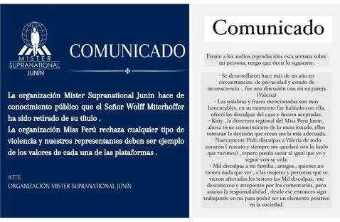  Izquierda: Pronunciamiento de la organización del Mister Supranational Junín. Derecha: Comunicado de Wolf Mitterhofer. Foto: captura Instagram<br><br>    