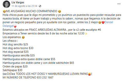 Jóvenes se ponen a vender hot dogs con el fin de recaudar dinero para su boda