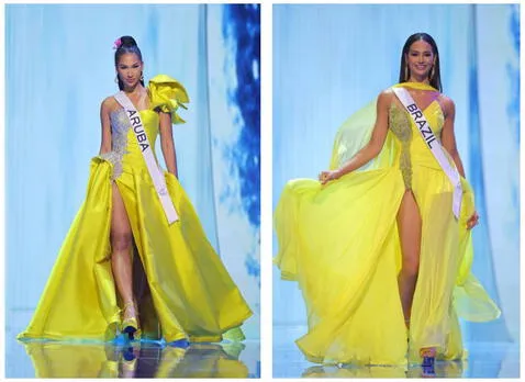  Miss Aruba y Miss Brasil con vestidos similares. Foto: captura Miss Universe YouTube<br><br>    