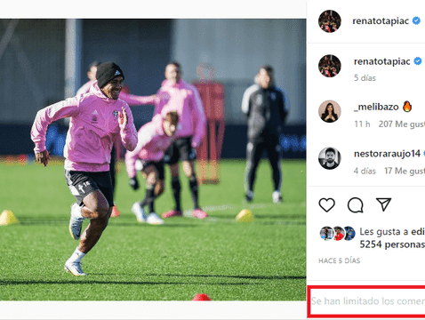 Renato Tapia restricted comments on his Instagram.  Photo: Renato Tapia/Instagram   