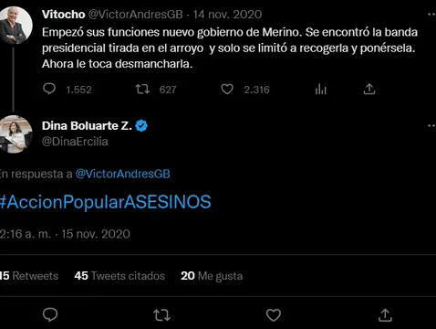 Tuit de Dina Boluarte acusando de "asesinos" a Acción Popular. Foto: captura de Twitter   