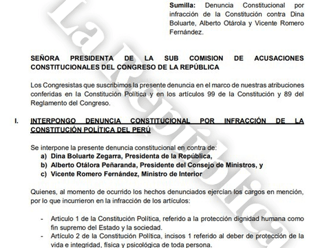 Denuncia constitucional contra la presidenta Dina Boluarte, Alberto Otárola y el ministro Vicente Romero   