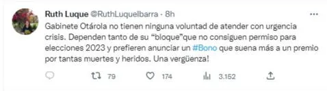 Ruth Luque spoke through her Twitter account. Photo: Twitter capture Ruth Luque spoke through her Twitter account. Photo: Twitter capture