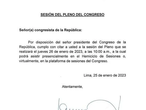 Letter from José Cevasco to legislators. Photo: @Congresoperu/Twitter Letter from José Cevasco to legislators. Photo: @Congresoperu/Twitter