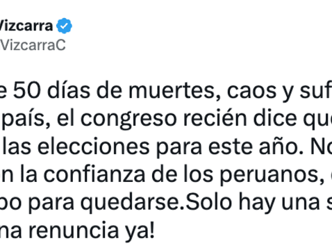 <br>Martín Vizcarra señaló que la única salida a la crisis se dará con la renuncia de Dina Boluarte. Foto: captura de Twitter.    