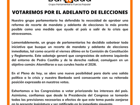 Bancada de Fuerza Popular announced that it will vote in favor of early elections.  Photo: Capture Twitter   