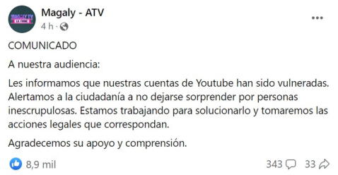   Magaly Medina reported the theft of her channel.  Photo: Magaly - ATV/Facebook   