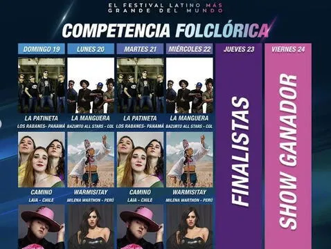 The schedules of the artists who compete in the folkloric category.  Photo: Instagram 