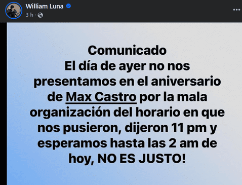 William Luna emitió un comunicado respecto al concierto de Max Castro. Foto: William Luna   