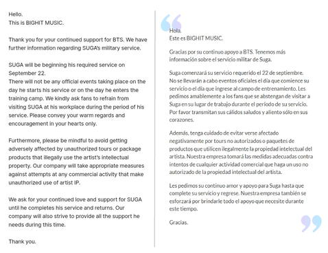  17.09.2023 | Comunicado de BIGHIT MUSIC sobre Suga. Foto: captura Weverse/captura Soompi<br><br>  