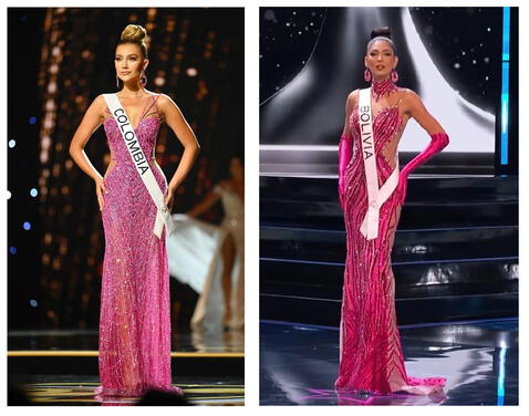  Miss Colombia y Miss Bolivia con vestidos y peinados similares. Foto: captura Miss Universe YouTube<br><br>    