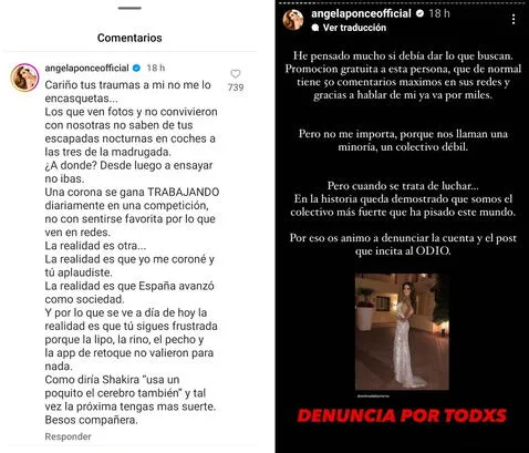  13.09.2023 | Ángela Ponce responde a Andrea de las Heras. Foto: captura Ángela Ponce Instagram<br><br>    