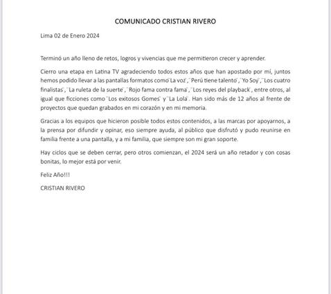 Cristian Rivero anuncia su salida de Latina. Foto: difusin 