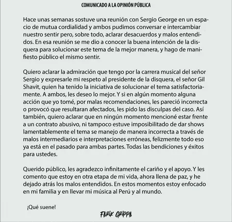 Comunicado de Farik Grippa sobre Sergio George. Foto: Instagram   