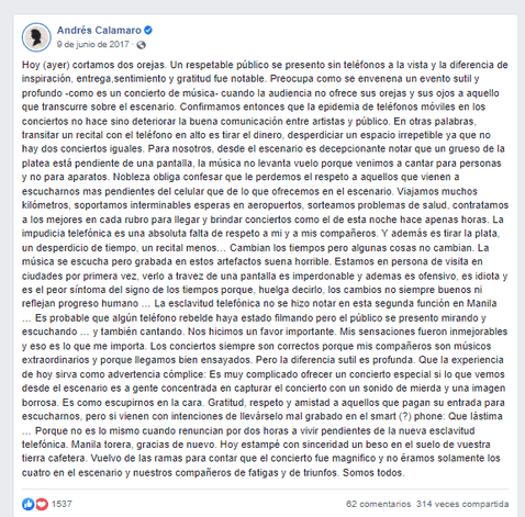 <em>Andrés Calamaro se pronuncia sobre el uso de celulares en su concierto. Foto: captura de Facebook</em>   