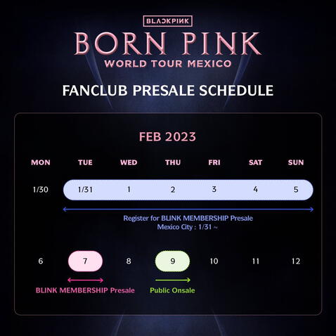 Calendario de preventa BLINK MEMBERSHIP para el concierto de BLACKPINK en México. Foto: YG   