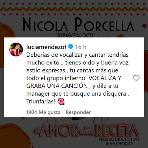  Comentario de Lucía Méndez a Nicola Porcella. Foto: captura Nicola Porcella Instagram<br><br>    