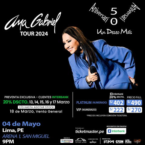 Precio de entradas para Ana Gabriel en Lima 2024. Foto: Ticketmaster    