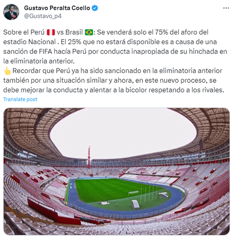 El Estadio Nacional solo albergará el 75% de su aforo para el Perú vs. Brasil. Foto: captura Twitter   