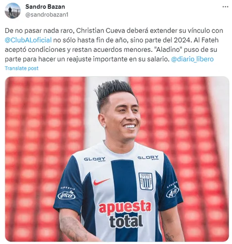 Christian Cueva y Alianza Lima habrían llegado a un acuerdo para extender su contrato. Foto: Twitter/Sandro Bazán   